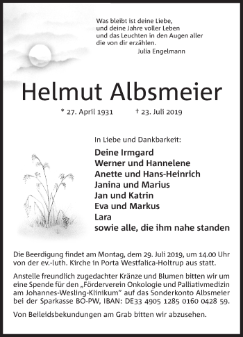 Anzeige von Helmut Albsmeier von Mindener Tageblatt