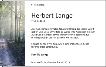 Anzeige von Herbert Lange von Mindener Tageblatt