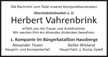 Anzeige von Herbert Vahrenbrink von Mindener Tageblatt