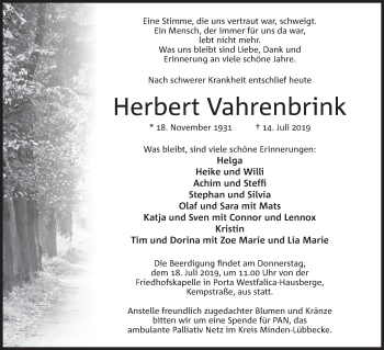 Anzeige von Herbert Vahrenbrink von Mindener Tageblatt