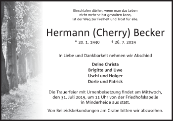 Anzeige von Hermann Becker von Mindener Tageblatt