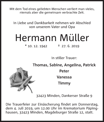 Anzeige von Hermann Müller von Mindener Tageblatt
