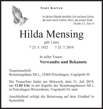 Anzeige von Hilda Mensing von Mindener Tageblatt
