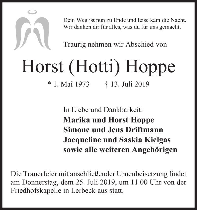  Traueranzeige für Horst Hoppe vom 20.07.2019 aus Mindener Tageblatt