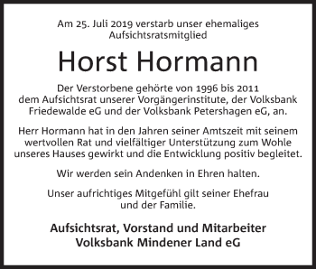 Anzeige von Horst Hormann von Mindener Tageblatt