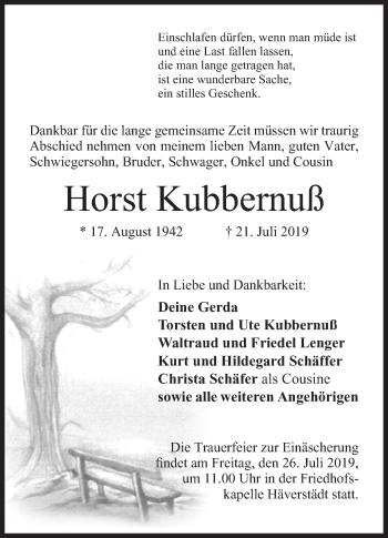 Anzeige von Horst Kubbernuß von Mindener Tageblatt