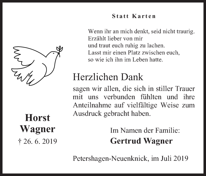  Traueranzeige für Horst Wagner vom 20.07.2019 aus Mindener Tageblatt