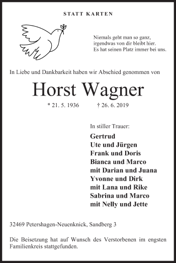 Anzeige von Horst Wagner von Mindener Tageblatt