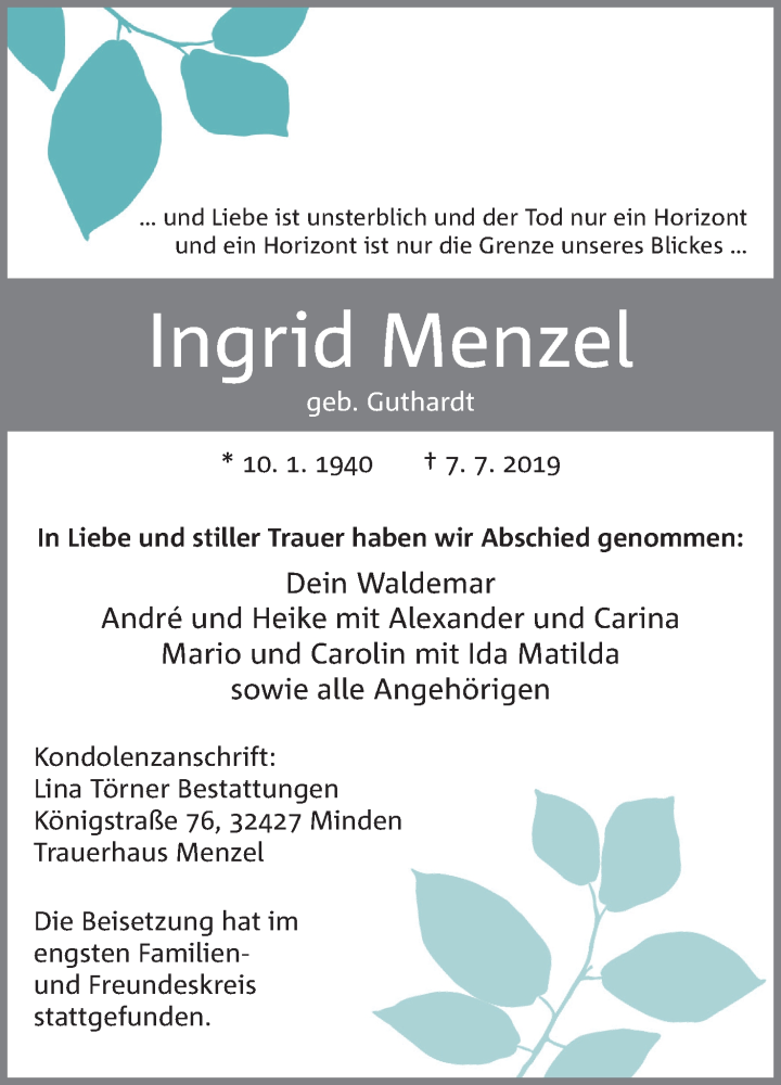  Traueranzeige für Ingrid Menzel vom 20.07.2019 aus Mindener Tageblatt