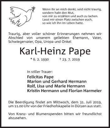 Anzeige von Karl-Heinz Pape von Mindener Tageblatt