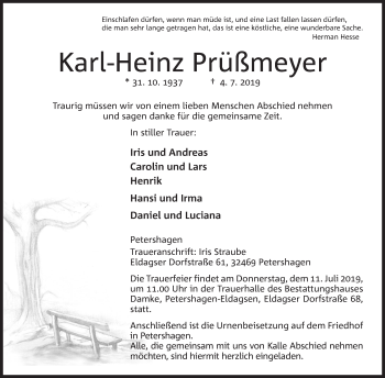 Anzeige von Karl-Heinz Prüßmeyer von Mindener Tageblatt