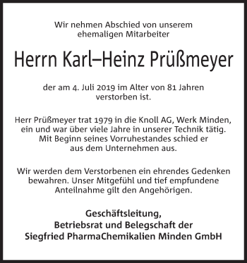 Anzeige von Karl-Heinz Prüßmeyer von Mindener Tageblatt