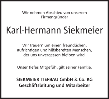 Anzeige von Karl-Hermann Siekmeier von Mindener Tageblatt