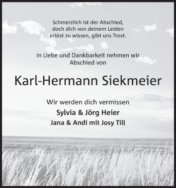 Anzeige von Karl-Hermann Siekmeier von Mindener Tageblatt