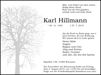 Anzeige von Karl Hillmann von Mindener Tageblatt
