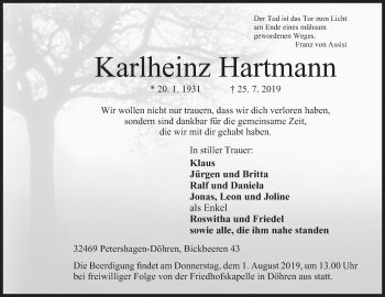 Anzeige von Karlheinz Hartmann von Mindener Tageblatt