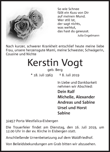 Anzeige von Kerstin Vogt von Mindener Tageblatt