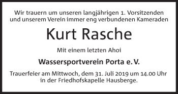Anzeige von Kurt Rasche von Mindener Tageblatt