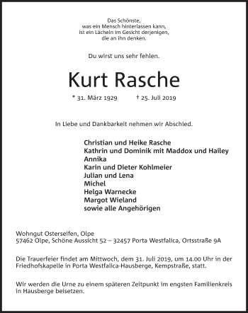Anzeige von Kurt Rasche von Mindener Tageblatt