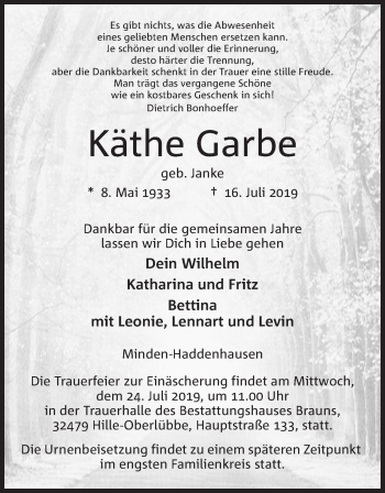 Anzeige von Käthe Garbe von Mindener Tageblatt