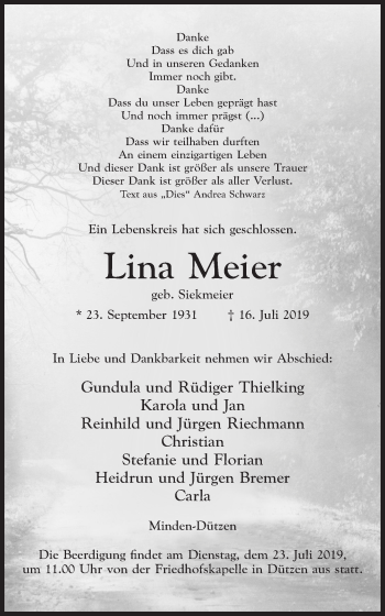Anzeige von Lina Meier von Mindener Tageblatt