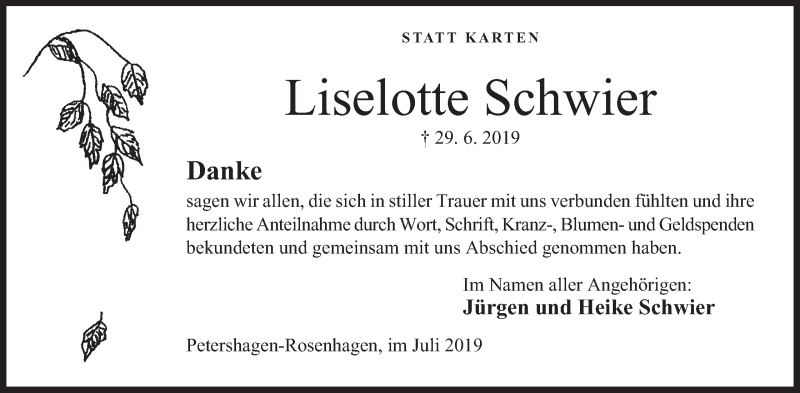  Traueranzeige für Liselotte Schwier vom 27.07.2019 aus Mindener Tageblatt