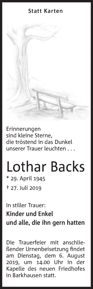 Anzeige von Lothar Backs von Mindener Tageblatt