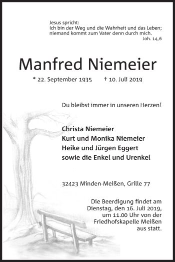 Anzeige von Manfred Niemeier von Mindener Tageblatt