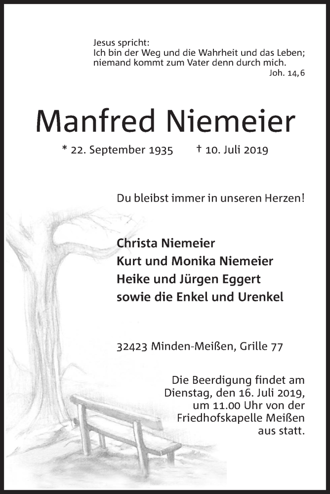  Traueranzeige für Manfred Niemeier vom 13.07.2019 aus Mindener Tageblatt