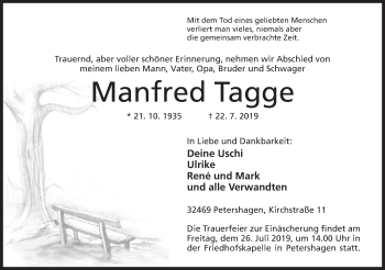 Anzeige von Manfred Tagge von Mindener Tageblatt
