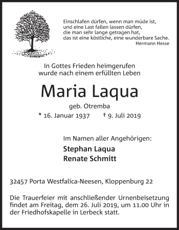 Anzeige von Maria Laqua von Mindener Tageblatt