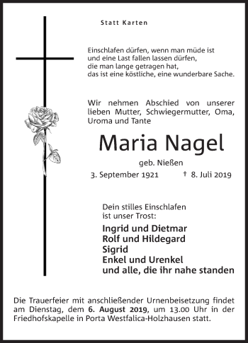 Anzeige von Maria Nagel von Mindener Tageblatt