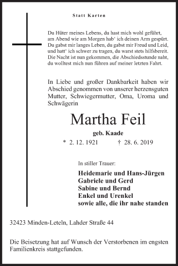 Anzeige von Martha Feil von Mindener Tageblatt