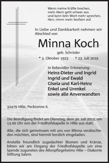 Anzeige von Minna Koch von Mindener Tageblatt
