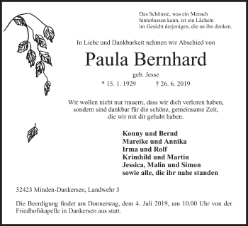 Anzeige von Paula Bernhard von Mindener Tageblatt