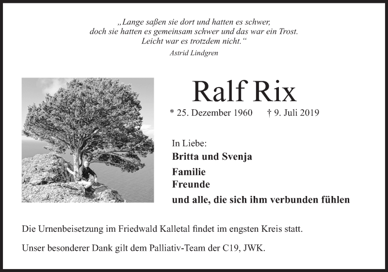  Traueranzeige für Ralf Rix vom 27.07.2019 aus Mindener Tageblatt