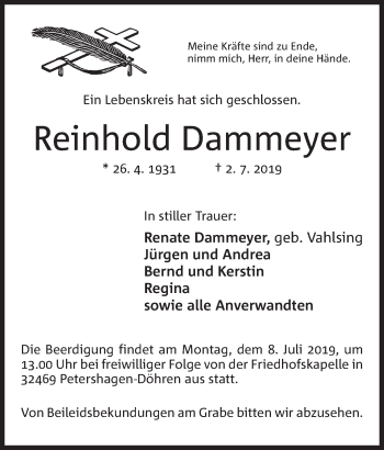 Anzeige von Reinhold Dammeyer von Mindener Tageblatt