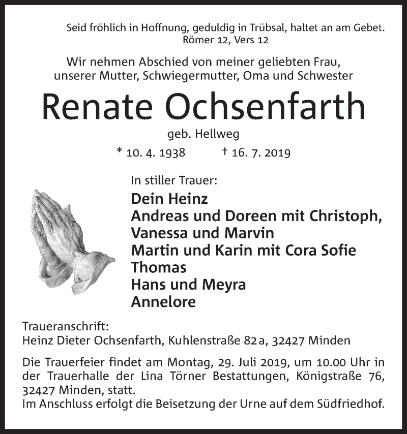  Traueranzeige für Renate Ochsenfarth vom 20.07.2019 aus Mindener Tageblatt