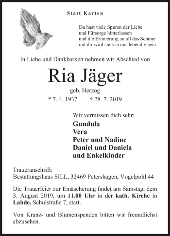 Anzeige von Ria Jäger von Mindener Tageblatt
