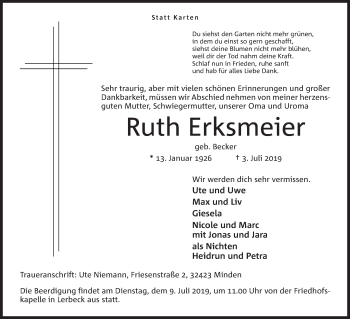 Anzeige von Ruth Erksmeier von Mindener Tageblatt