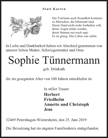 Anzeige von Sophie Tünnermann von Mindener Tageblatt