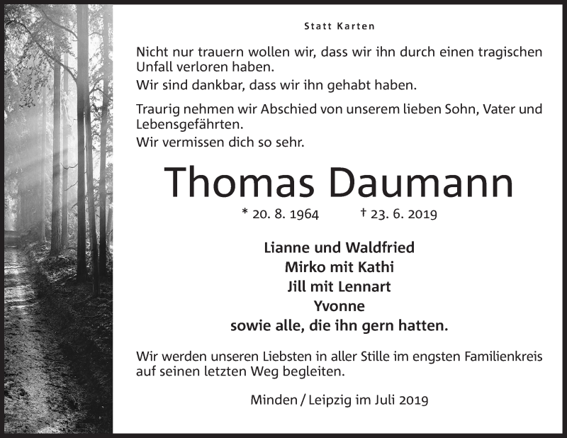  Traueranzeige für Thomas Daumann vom 06.07.2019 aus Mindener Tageblatt