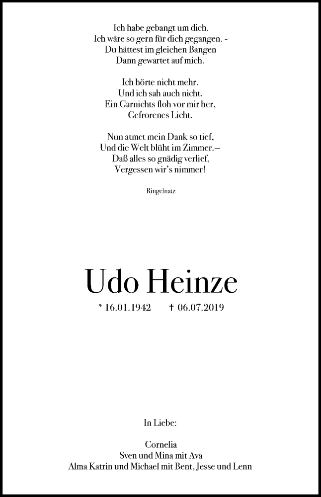  Traueranzeige für Udo Heinze vom 16.07.2019 aus Mindener Tageblatt