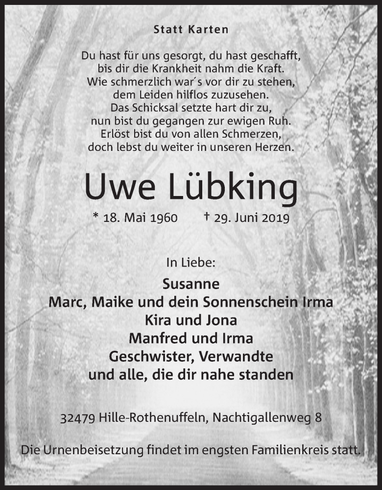  Traueranzeige für Uwe Lübking vom 03.07.2019 aus Mindener Tageblatt