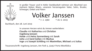 Anzeige von Volker Janssen von Mindener Tageblatt