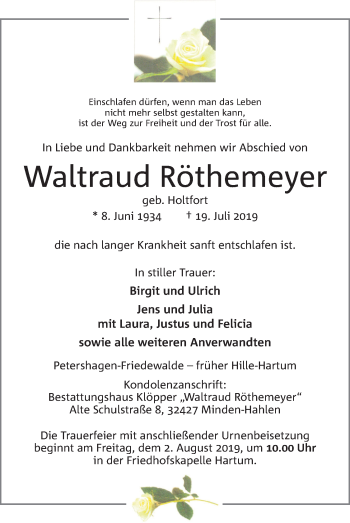 Anzeige von Waltraud Röthemeyer von Mindener Tageblatt