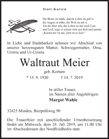 Anzeige von Waltraut Meier von Mindener Tageblatt