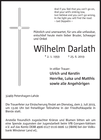 Anzeige von Wilhelm Darlath von Mindener Tageblatt