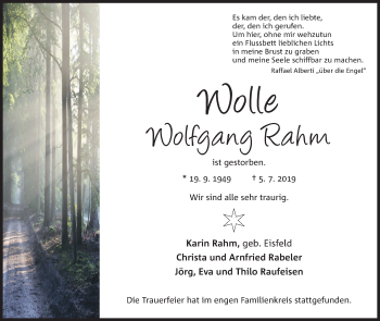 Anzeige von Wolfgang Rahm von Mindener Tageblatt