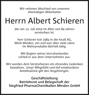 Anzeige von Albert Schieren von Mindener Tageblatt